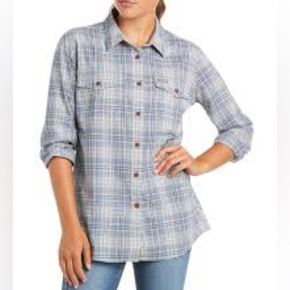 Ariat Women's Rebar DuraStretch Blue Plaid Button Down Shirt Size Large 1183